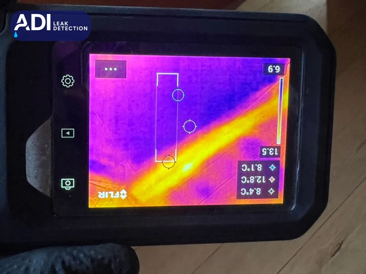 A FLIR thermal imaging screen showing a warm pipe run crossing a floor